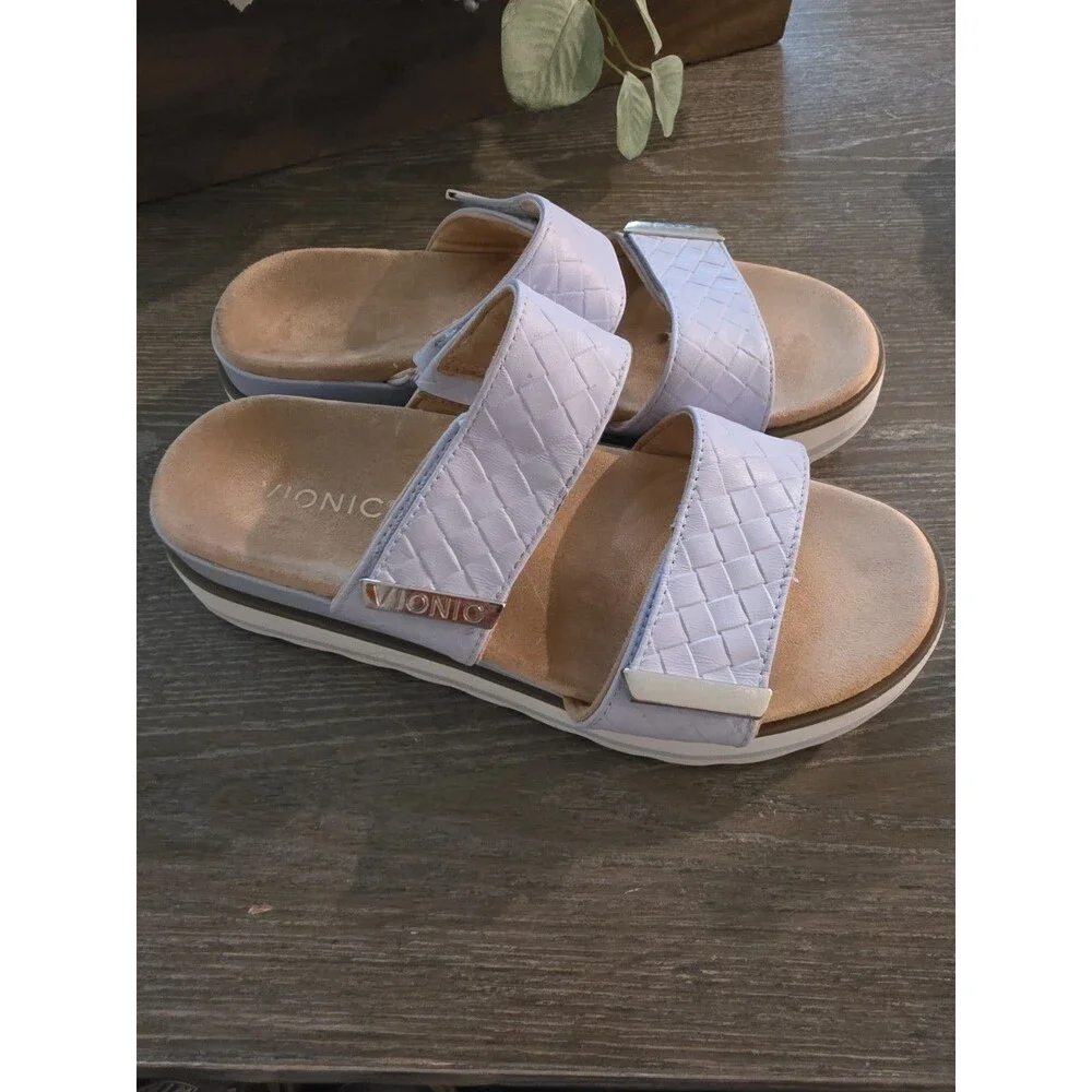 Vionic Brandie Womens Blue Haze Double Strap Flatform Slide Sandals Sz 7 EUC 38